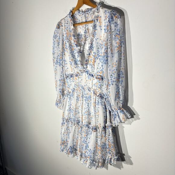 Angel Biba Floral White Blue Open Back Ruffle Chiffon Dress Size Medium Boho - Picture 4 of 10
